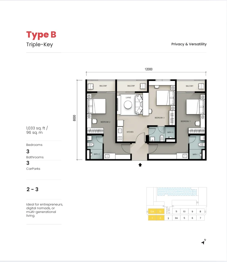Seiras Residences Type B triple key floor plan