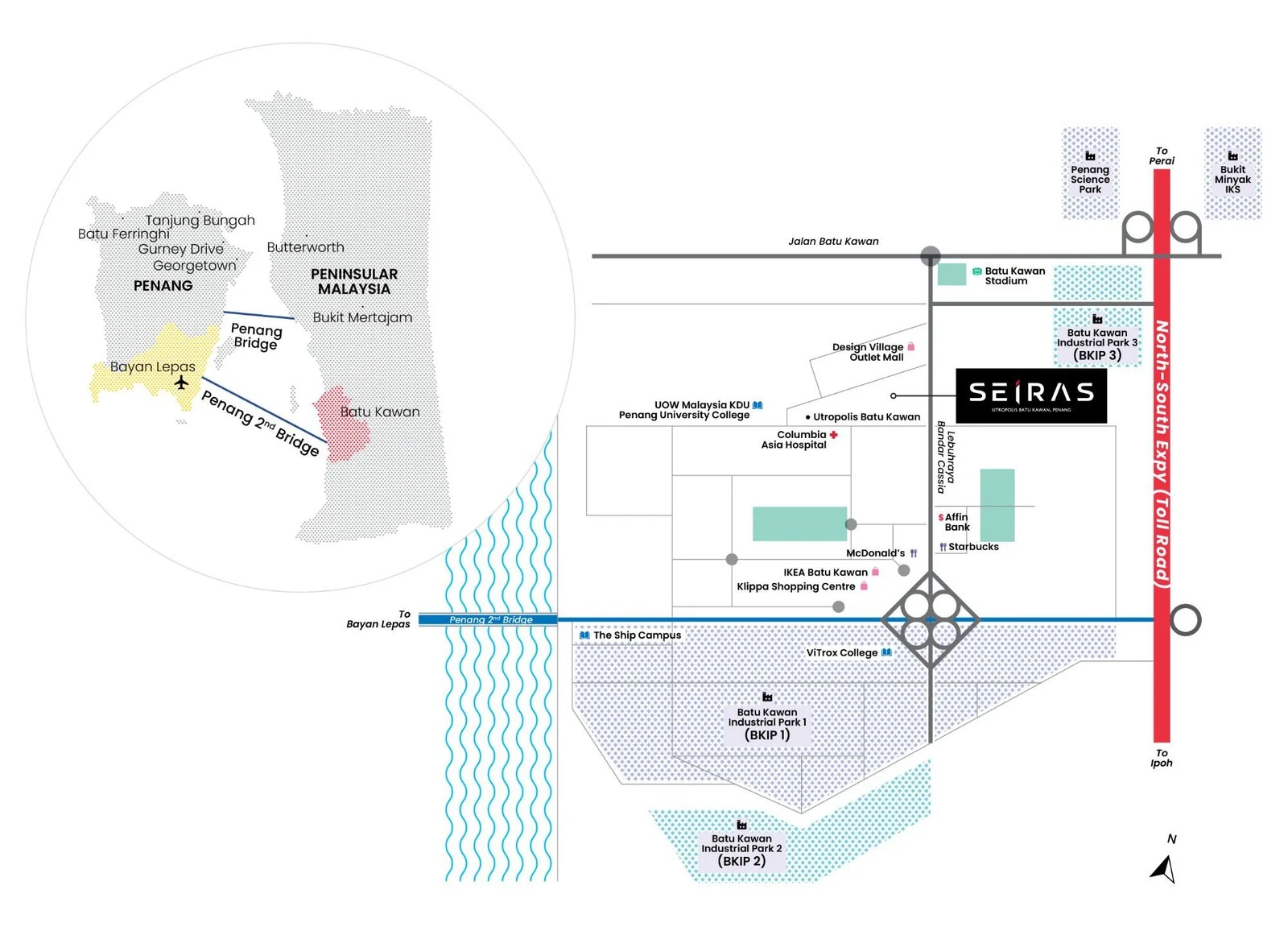Seiras Residences location overview; route and scale indicative