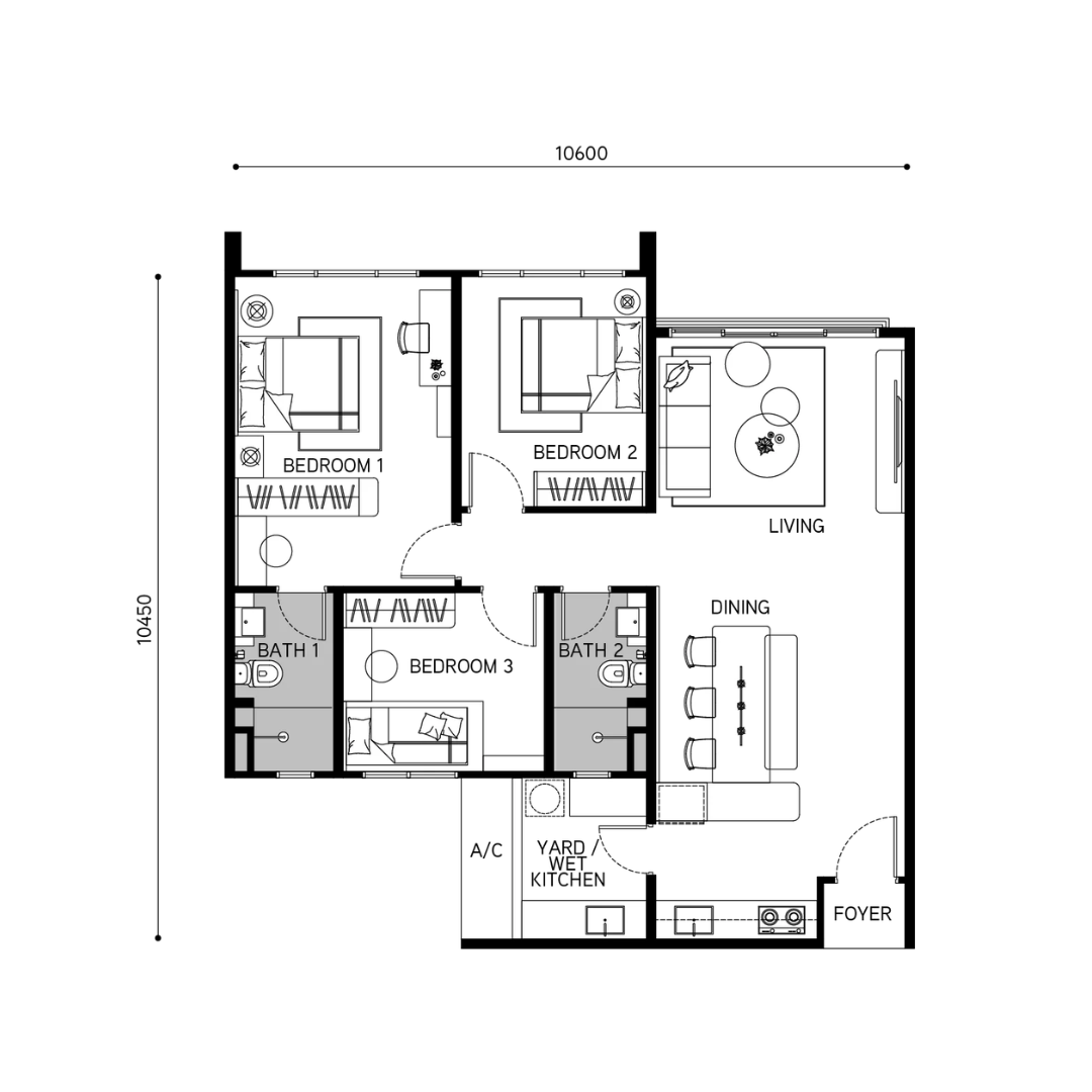 Tangen Residences Type C 1,033 sq ft floor plan