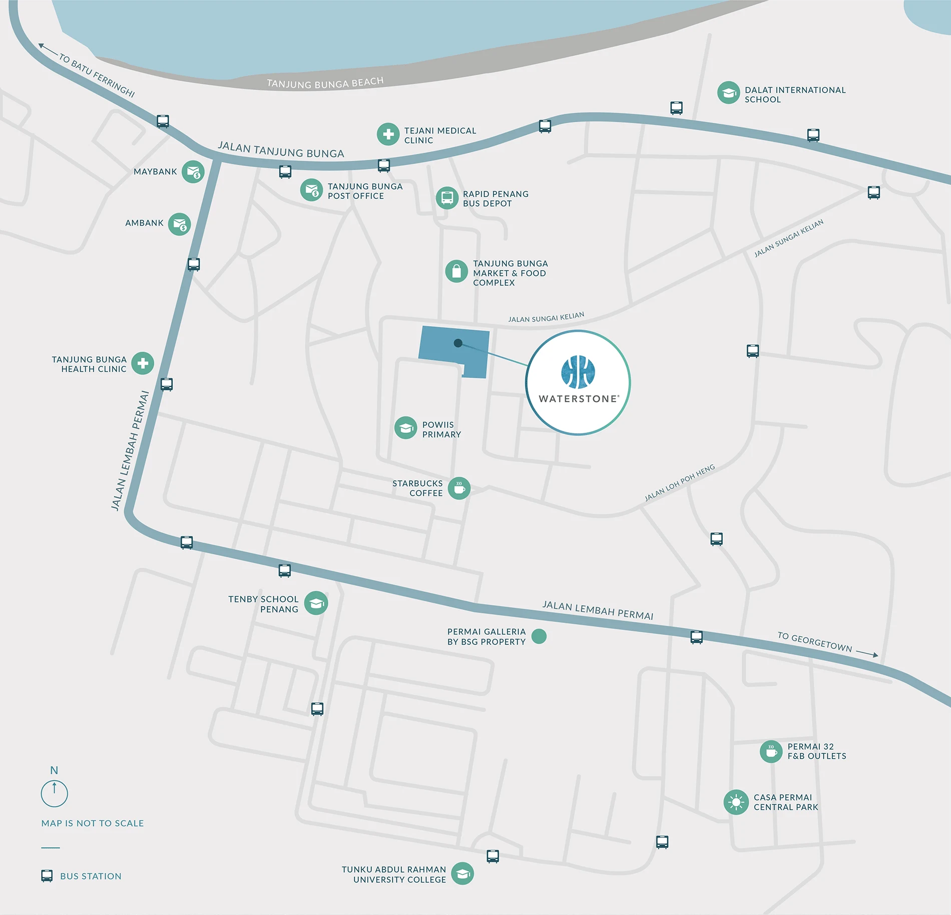 Waterstone Penang location overview; route and scale indicative