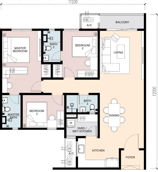 RIA Sunsuria Type A three-bedroom unit floor plan