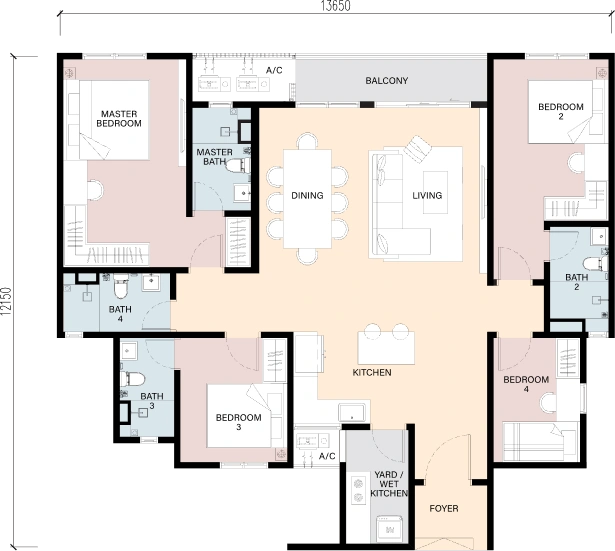 RIA Sunsuria Type B four-bedroom unit floor plan