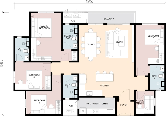 RIA Sunsuria Type C four-bedroom floor plan with study utility space