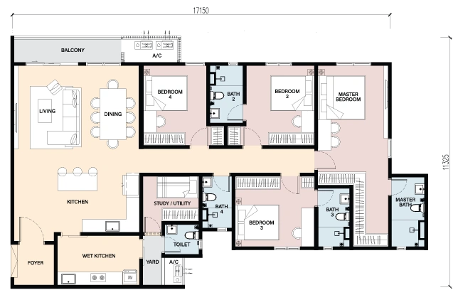 RIA Sunsuria Type D four-bedroom floor plan with study utility space