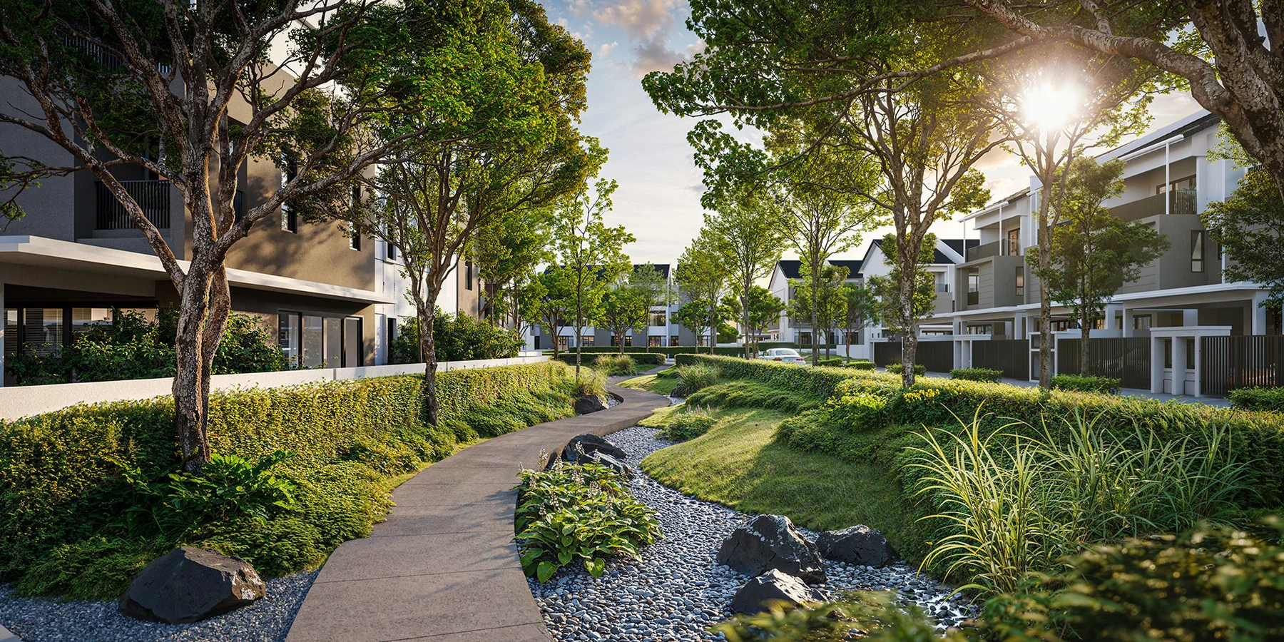 Landscaped creek and walking path