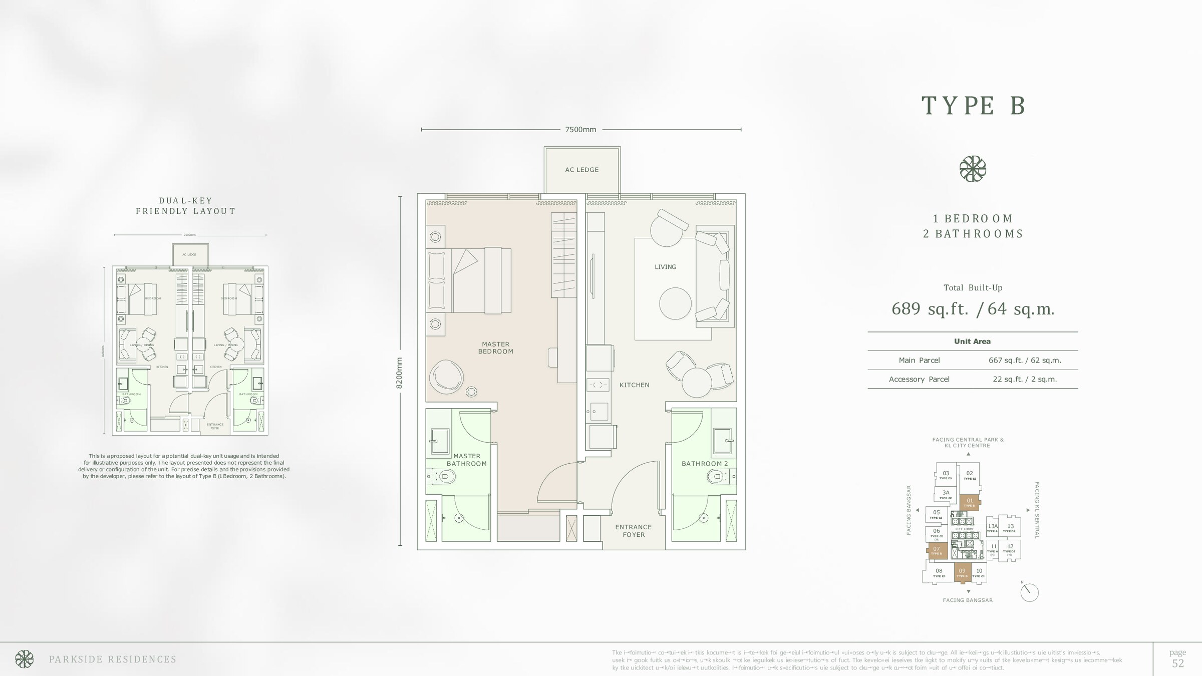 Parkside Residences Bangsar Type B floor plan, 689 sq ft