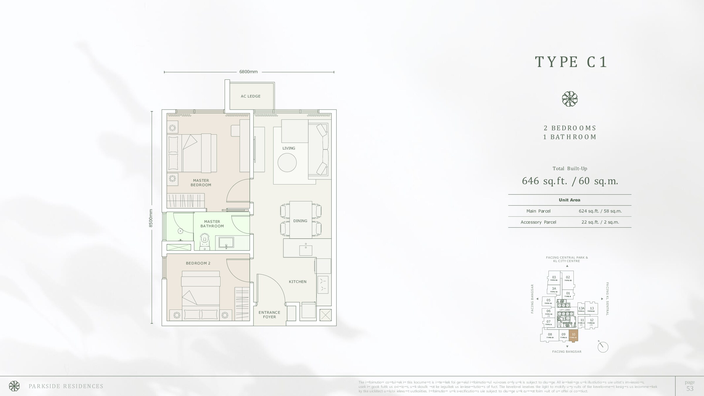 Parkside Residences Bangsar Type C1 floor plan, 646 sq ft