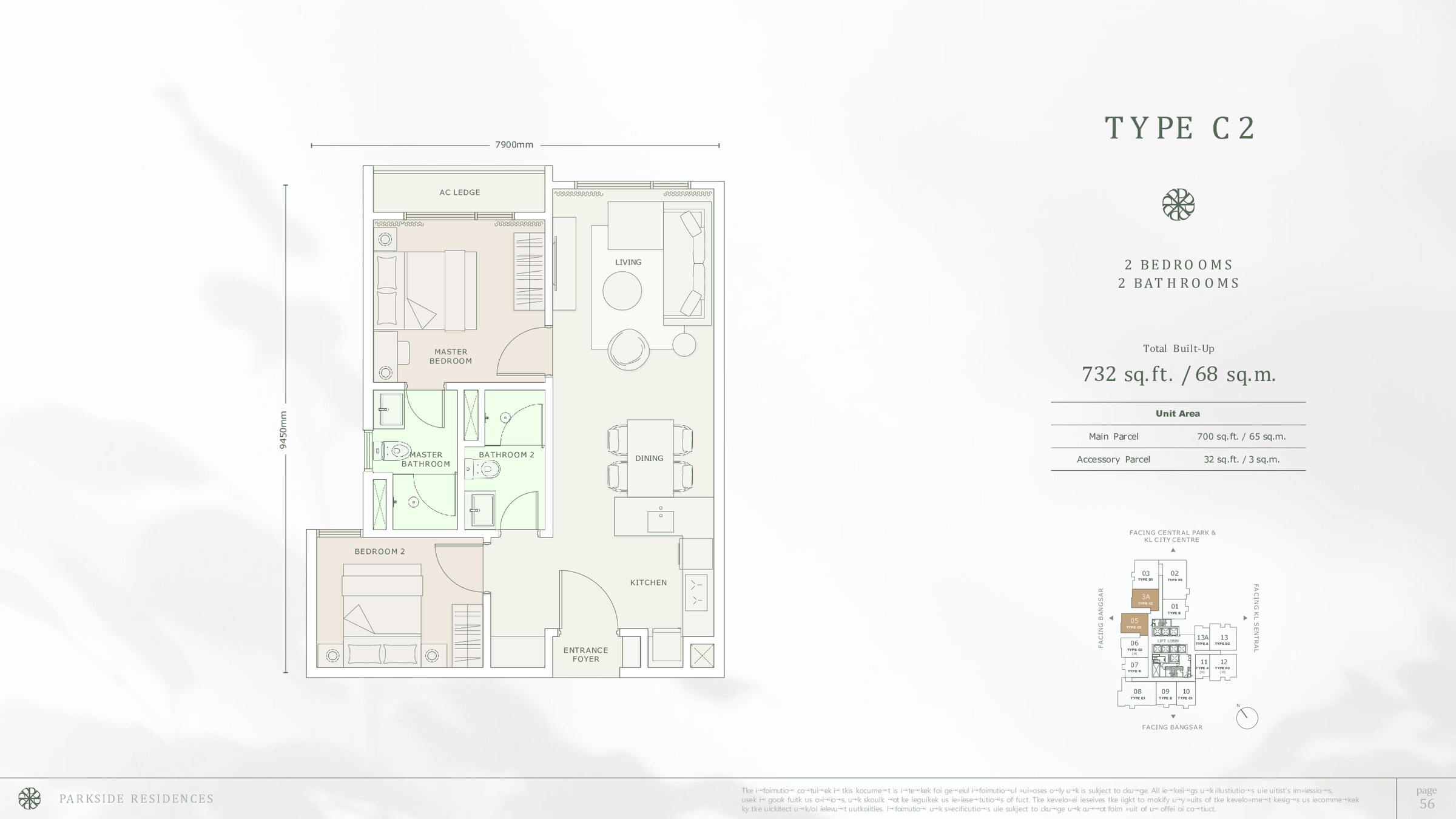 Parkside Residences Bangsar Type C2 floor plan, 732 sq ft