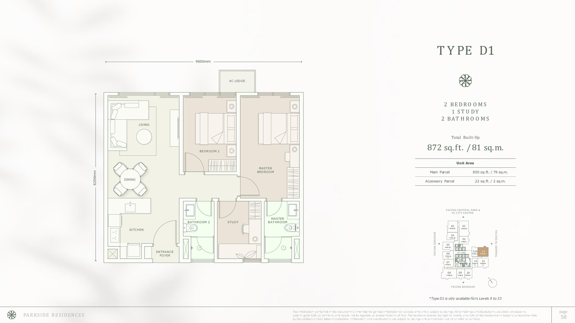 Parkside Residences Bangsar Type D1 floor plan, 872 sq ft