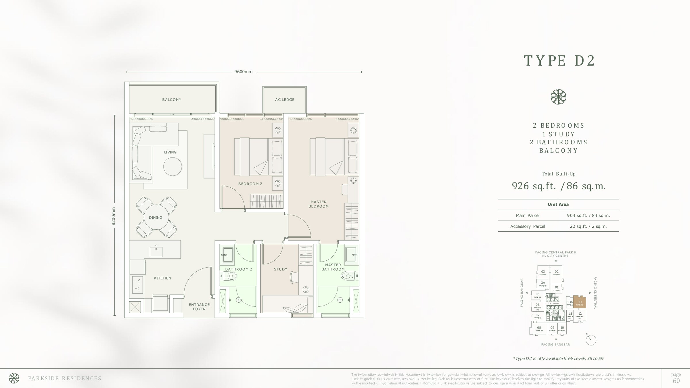 Parkside Residences Bangsar Type D2 floor plan, 926 sq ft