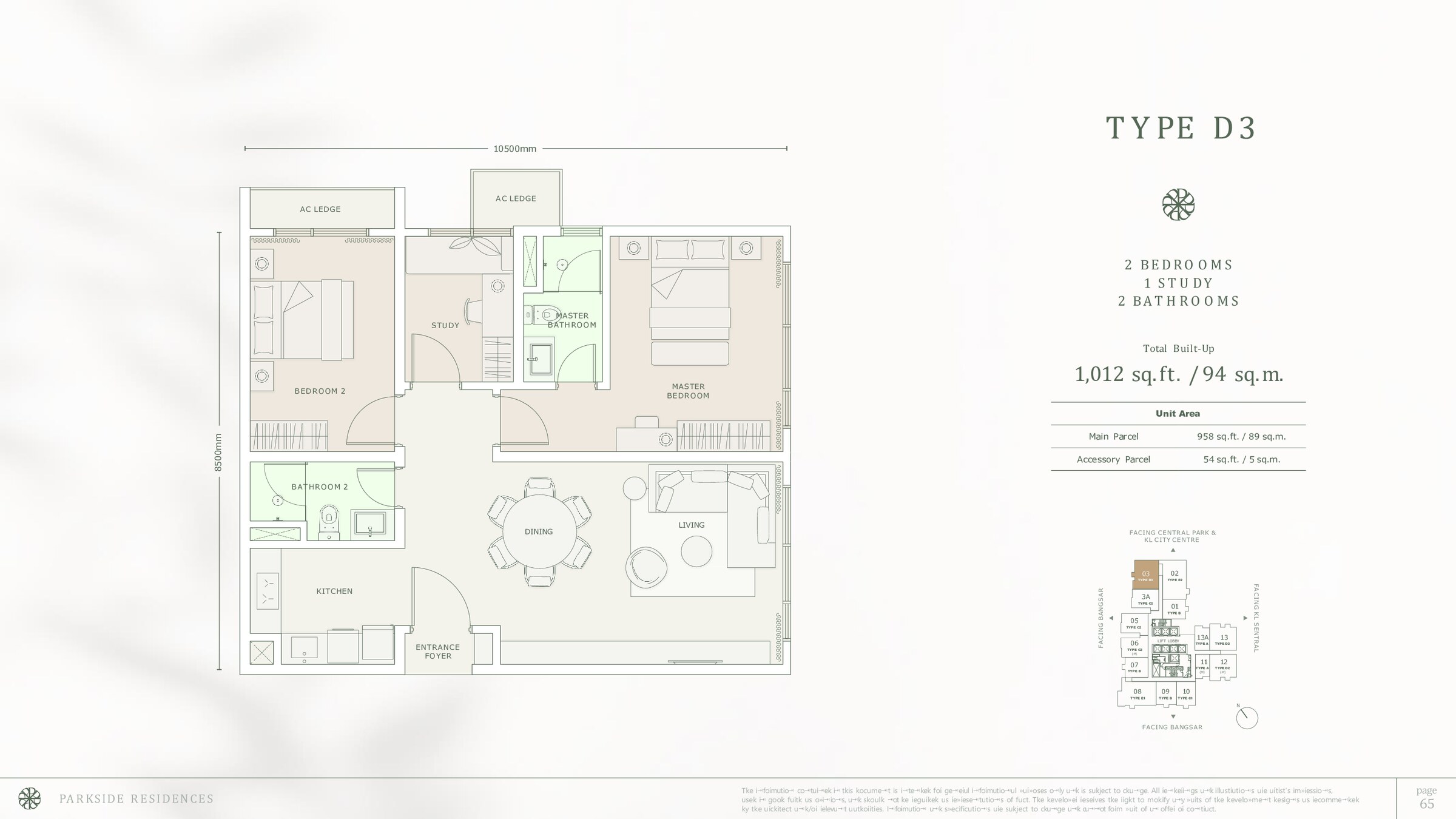Parkside Residences Bangsar Type D3 floor plan, 1,012 sq ft