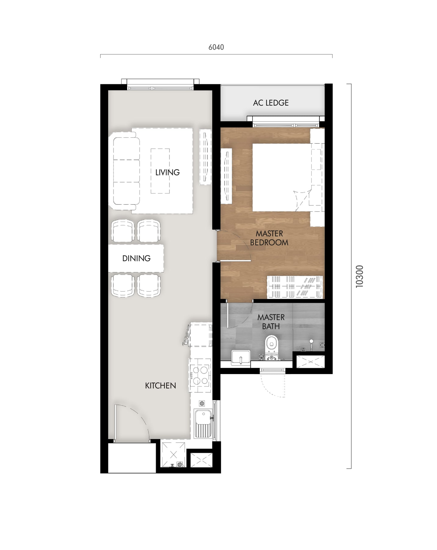 Tujuh Type A 550 sq ft one-bedroom floor plan