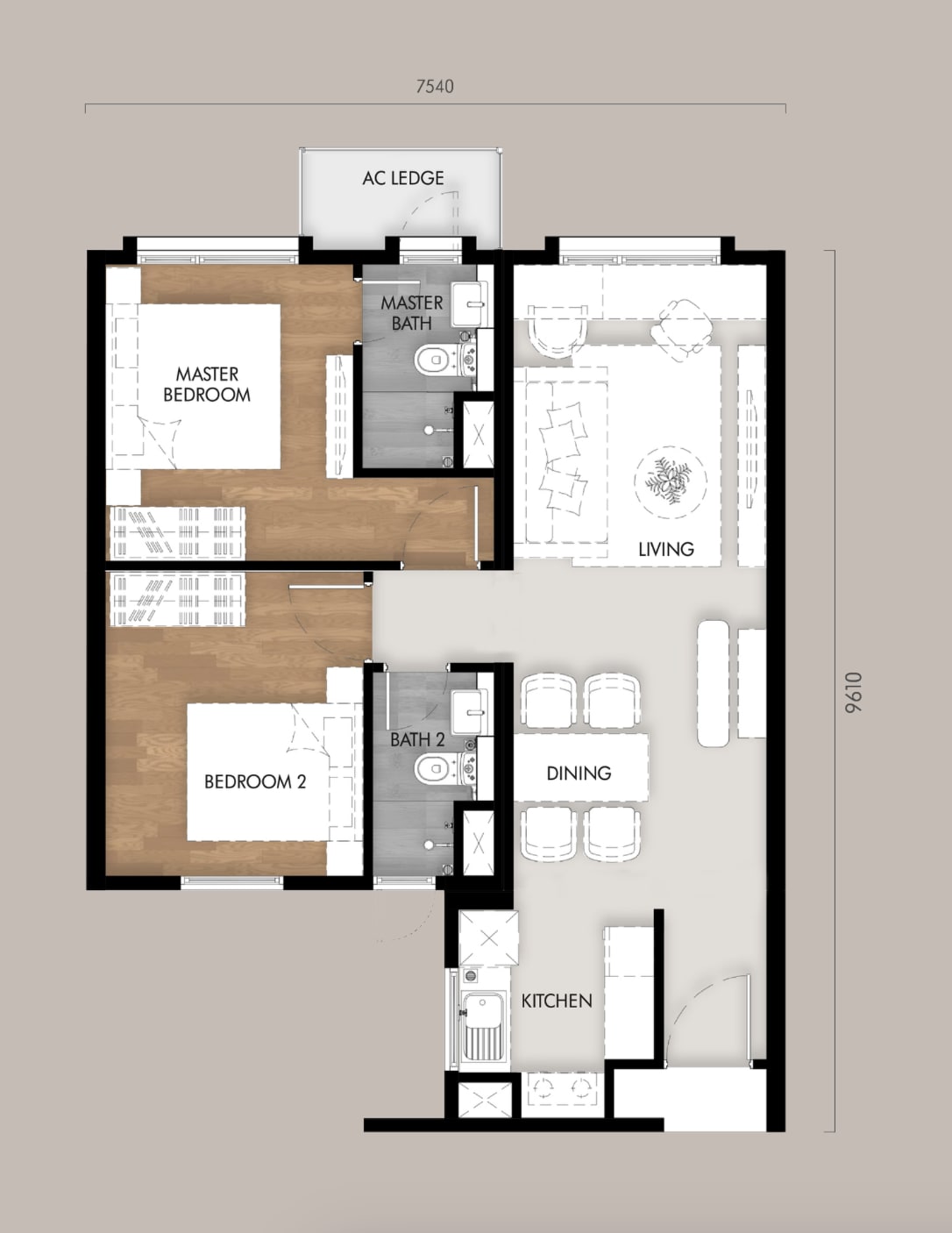 Tujuh Type B 666 sq ft two-bedroom floor plan