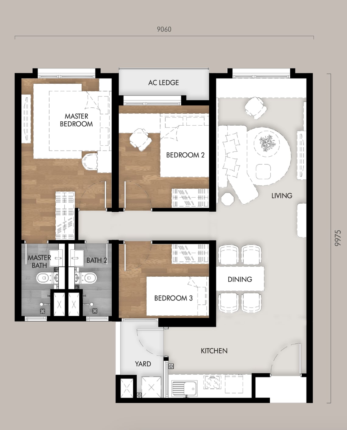 Tujuh Type C 862 sq ft three-bedroom floor plan