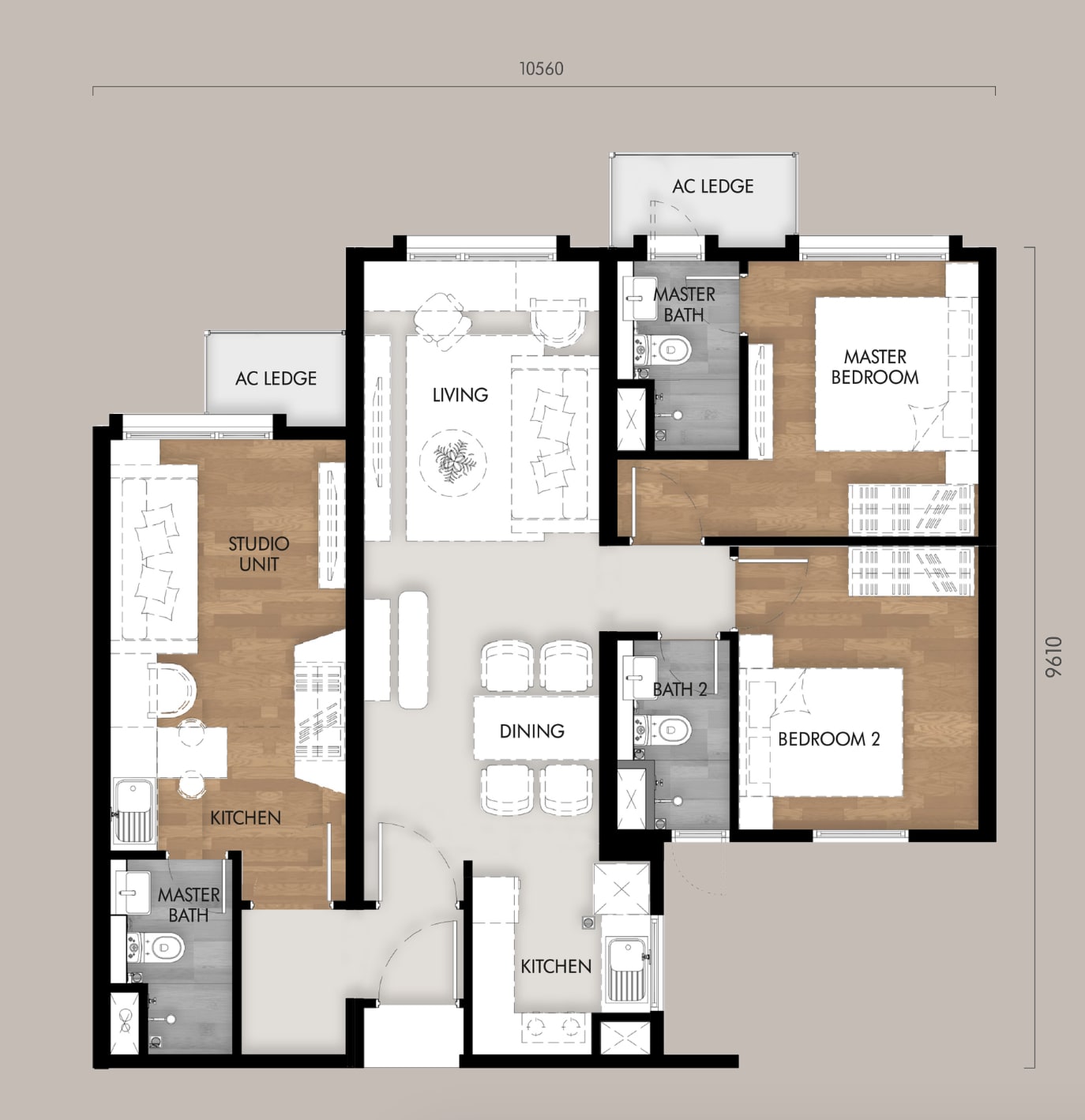 Tujuh Type D 909 sq ft three-bedroom dual-key floor plan