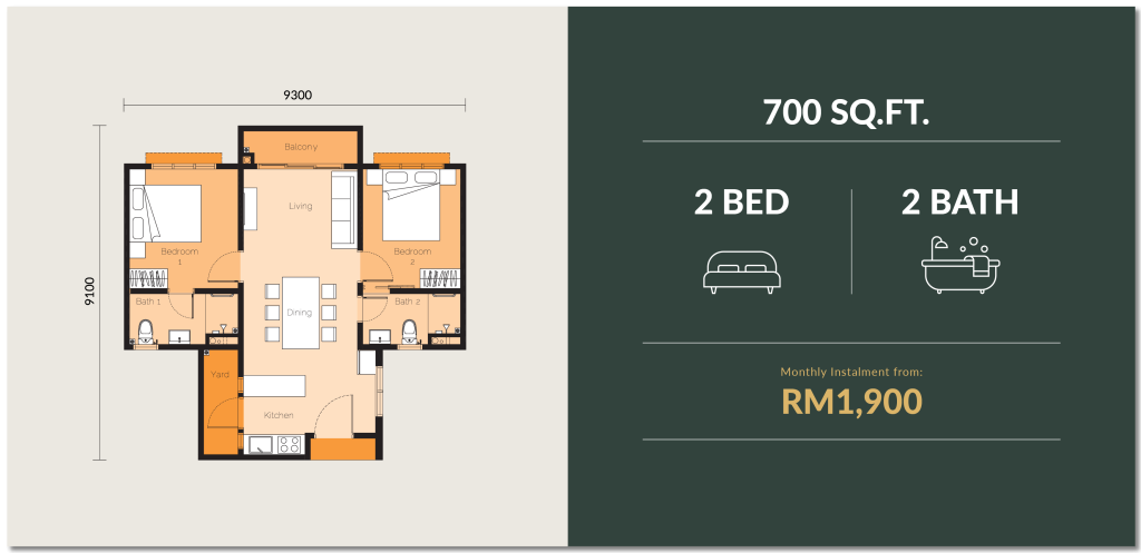 The Wyn Type B 700 sq ft floor plan, two bedrooms and two bathrooms