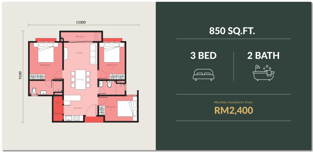 The Wyn Type C 850 sq ft floor plan, three bedrooms and two bathrooms